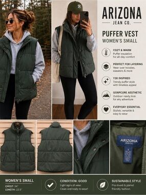 Arizona Jean Co. Women’s Olive Green Puffer Vest Quilted Y2K Cozy Layering Small